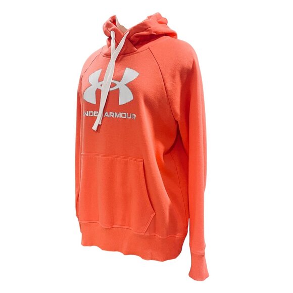 Under Armour Women’s Hoodie SZ Large Coral Orange Logo Pullover Fleece Fall Soft - Picture 8 of 9